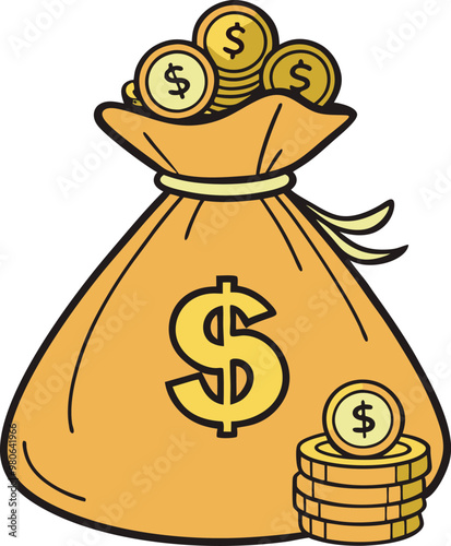Money bag, dollar coins in flat vector art illustration.