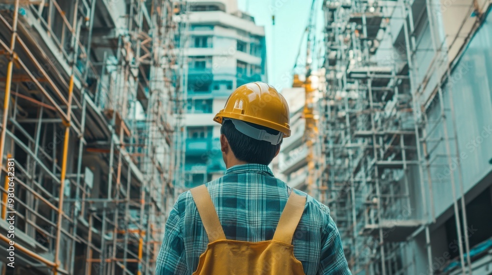 Fototapeta premium An engineer inspecting a partially completed construction project, with scaffolding and construction equipment in the background.