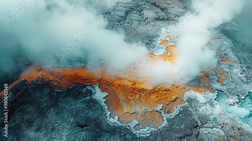 A surreal landscape of geothermal springs with vibrant mineral deposits and steam, otherworldly nature landscape. Generative AI.