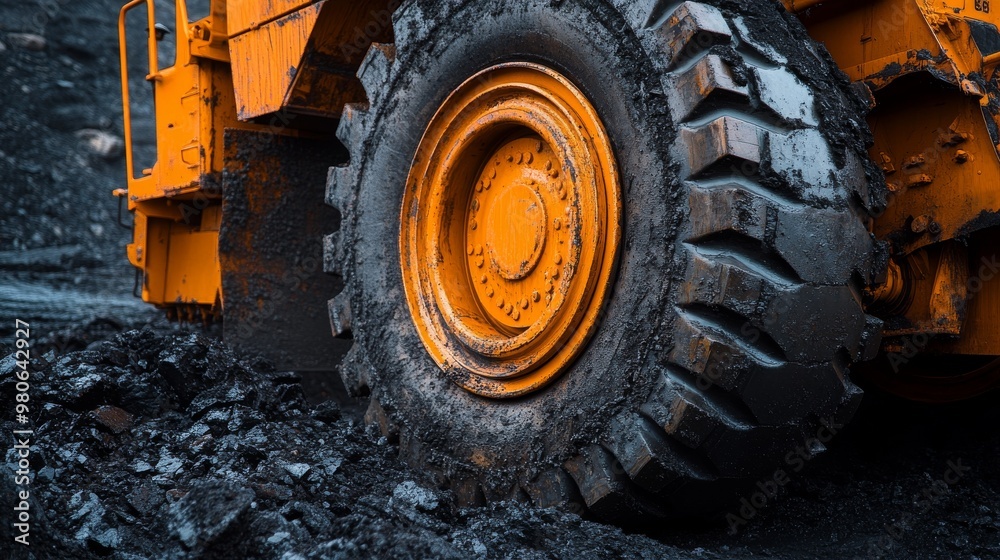 Close-Up of Wheel Loader: Front Wheels and Bucket on Coal