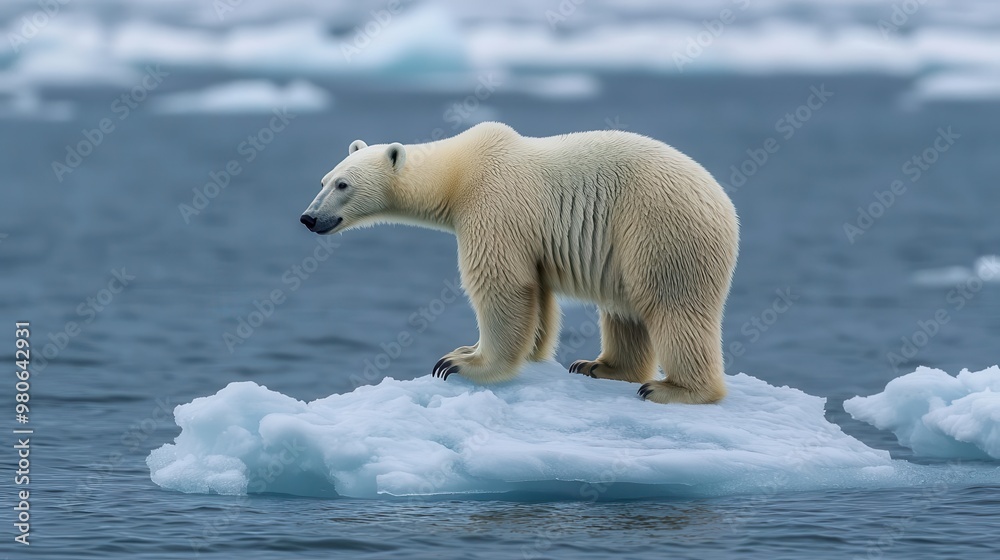 Polar bear stranded on a small, melting ice floe in the middle of the ocean Polar bear stranded on a small, melting ice floe in the middle of the ocean