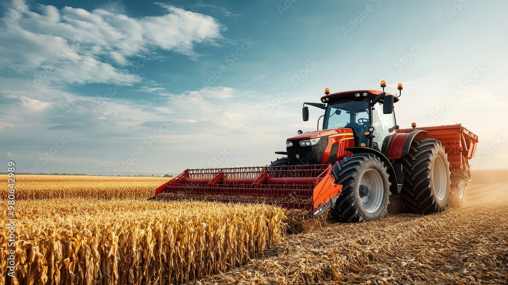 Fototapeta premium Stylized illustration of tractor harvesting corn in bold lines and colors.
