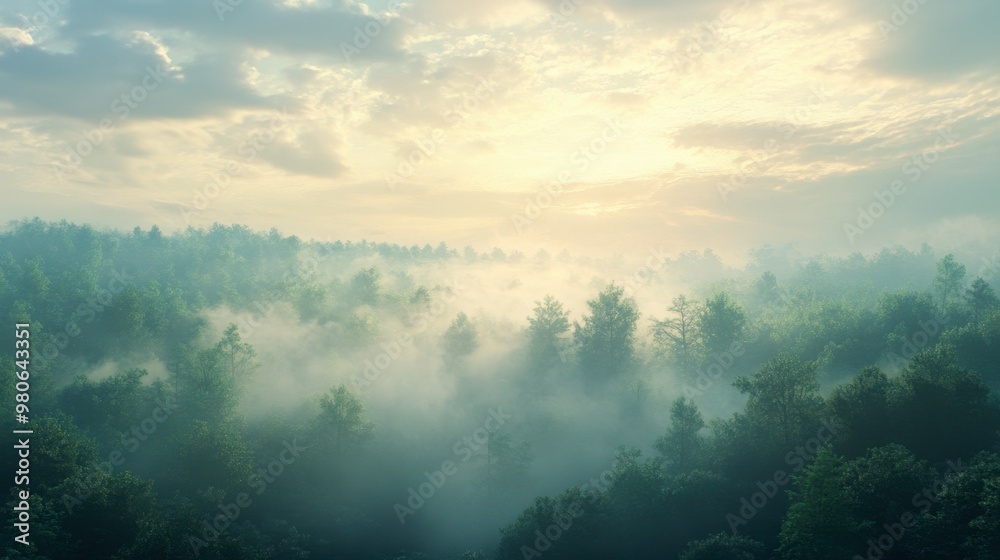 Early morning mist rising from a forest, blending with soft clouds in the sky as the sun begins to rise. Early morning mist rising from a forest, blending with soft clouds in the sky as the sun begins to rise.
