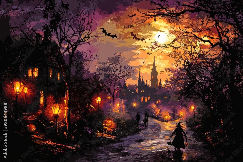 Spooky Halloween scene with haunted house, jack o' lanterns, and silhouetted figures in fantasy forest Spooky Halloween scene with haunted house, jack o' lanterns, and silhouetted figures in fantasy forest