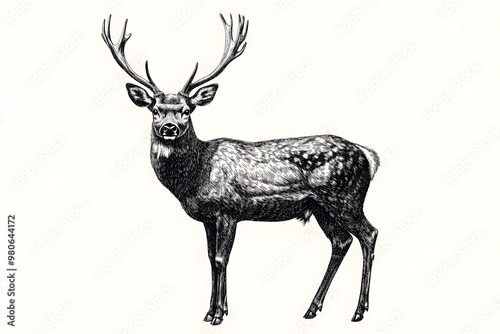 Obraz premium Realistic deer black silhouette drawing isolated against a white background