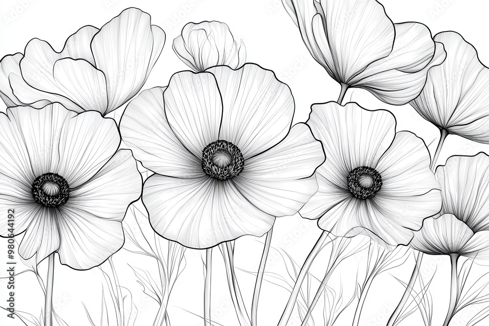 Fototapeta premium A line art illustration of blooming flowers, emphasizing delicate details and natural beauty.