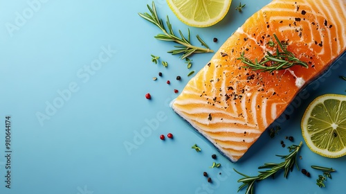 Salmon fillet with lemon and rosemary on blue background