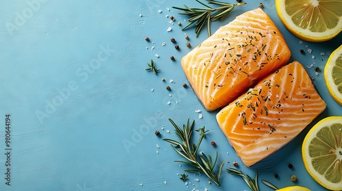 Salmon fillet with lemon and rosemary on blue background