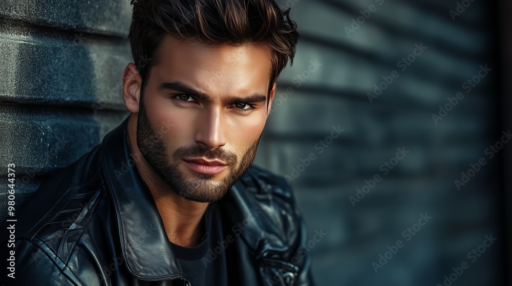 Fototapeta premium Stylish young man with a leather jacket poses against a textured wall in a city setting during golden hour