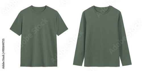 Two blank green t shirts with short and long sleeves, mock up design template. Isolated on white background. photo