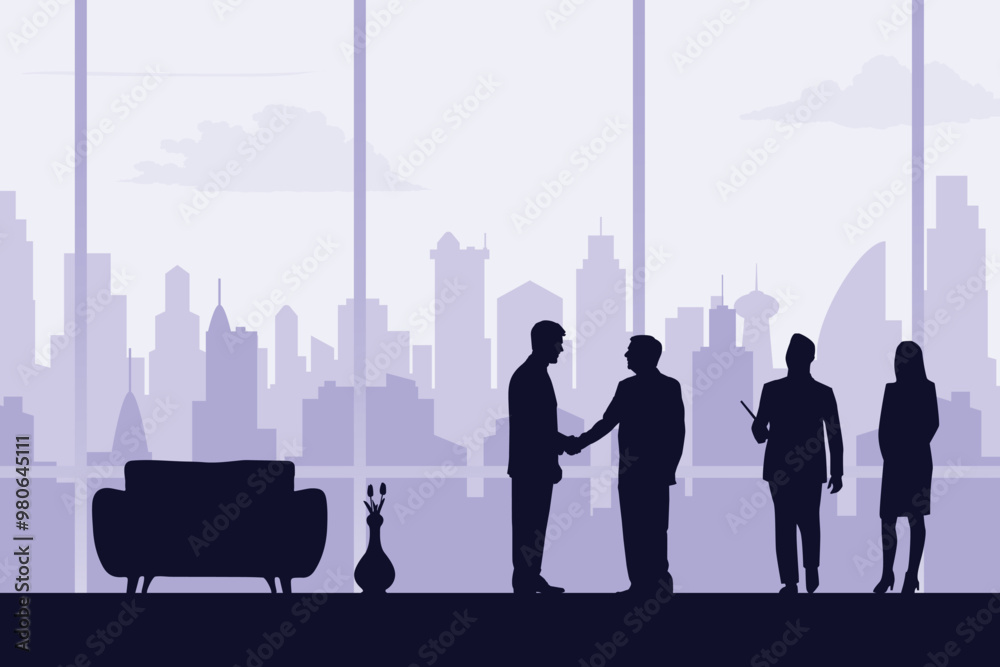Contract dealing scene with office background and city buildings silhouettes. Vector illustration poster design template Contract dealing scene with office background and city buildings silhouettes. Vector illustration poster design template