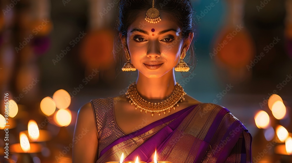 A stunning Indian woman in a traditional silk saree with deep purple and gold accents, gracefully lighting oil lamps during a festive night. Generative AI. A stunning Indian woman in a traditional silk saree with deep purple and gold accents, gracefully lighting oil lamps during a festive night. Generative AI.