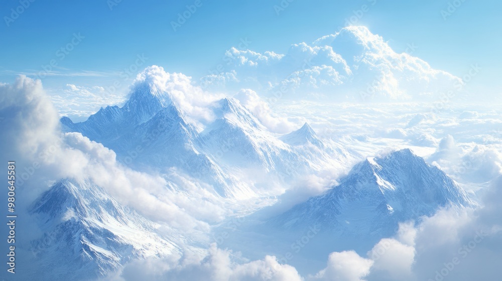 Soft, pillowy clouds hovering over a snowy mountain range, with a bright, clear sky above.