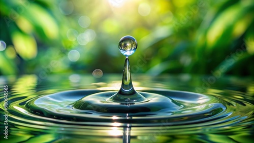 Crystal clear water droplet suspended in mid-air, frozen in time, glistening with tiny ripples, about to fall into serene reflecting pool surrounded by lush greenery. photo