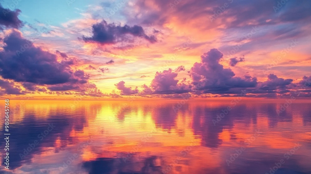 Sunset clouds with vibrant orange, pink, and purple hues, reflecting off the water of a calm lake. Sunset clouds with vibrant orange, pink, and purple hues, reflecting off the water of a calm lake.