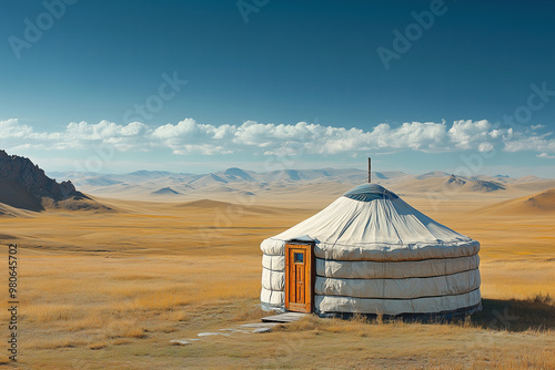 Traditional Mongolian yurt in vast arid steppe, nomadic culture and lifestyle, rural landscape, isolated dwelling under clear blue sky, scenic wilderness