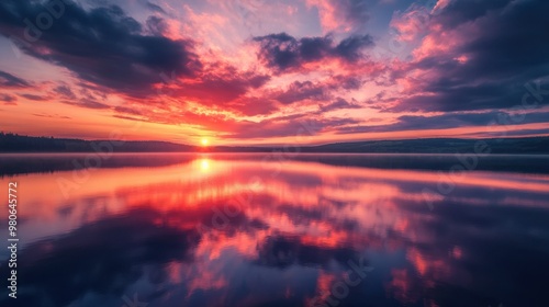 Sunset clouds with vibrant orange, pink, and purple hues, reflecting off the water of a calm lake.