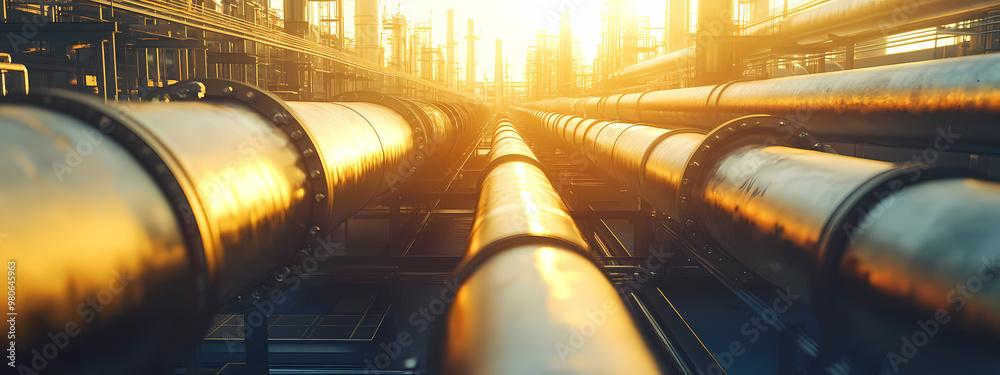 Fototapeta premium Gleaming Metallic Pipelines in Industrial Complex