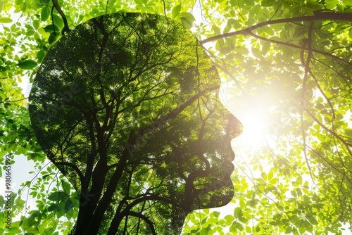 Profile of a woman merged with a lush waterfall and forest, symbolizing the deep connection between human beings and nature, reflecting environmental beauty and harmony. photo