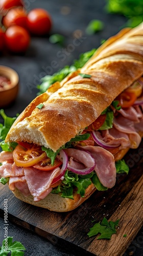 Submarine sandwich with ham cheese lettuce tomatoesonion mortadella and sausage photo