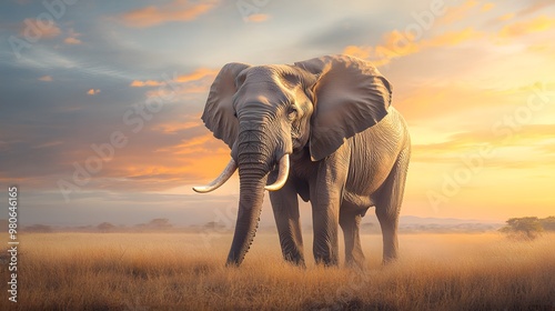 Majestic elephant standing in a golden savanna under a beautiful sunset, showcasing the beauty of wildlife in nature.