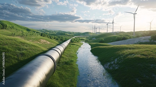 A renaissance of energy in a green landscape with wind turbines and pipelines under a sunny sky photo