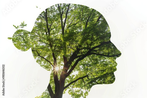 Silhouette of a woman’s profile blended with a tree, representing the harmony between nature and humanity, emphasizing environmental awareness and sustainability. photo