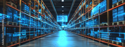 High-Tech Warehouse Hallway with Automated Shelves