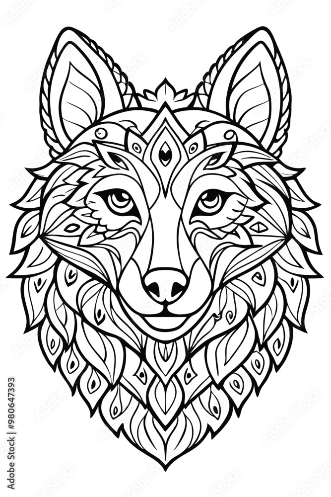 Fototapeta premium Portrait of a wolf. Hand drawn patterns for coloring. Freehand sketch drawing for adult antistress coloring book in zentangle style. Collection of animals