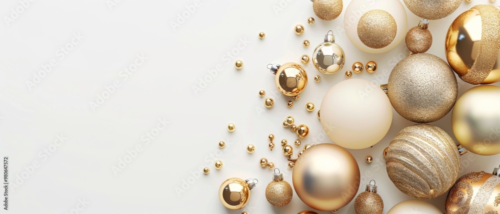 Beautiful gold and white Christmas ornaments and decorations in a luxurious setting. Perfect for festive holiday themes, seasonal decor, and winter celebrations. The display exudes elegance and joy Beautiful gold and white Christmas ornaments and decorations in a luxurious setting. Perfect for festive holiday themes, seasonal decor, and winter celebrations. The display exudes elegance and joy
