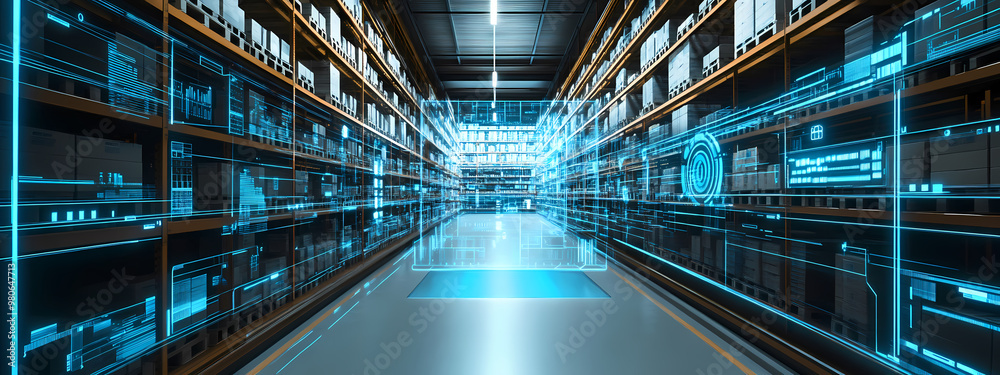 Fototapeta premium High-Tech Warehouse Hallway with Automated Shelves