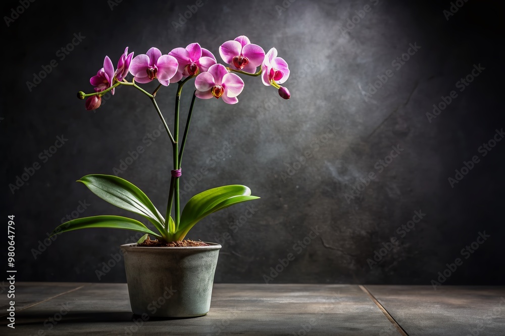 Elegant orchid blooms in a delicate flowerpot sitting on a sleek black stone table, set against a dramatic dark background, perfect for luxury branding. Elegant orchid blooms in a delicate flowerpot sitting on a sleek black stone table, set against a dramatic dark background, perfect for luxury branding.