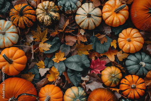 close up horizontal colorful image of pumpkins on the ground with fallen dead leaves in an autumnal environment