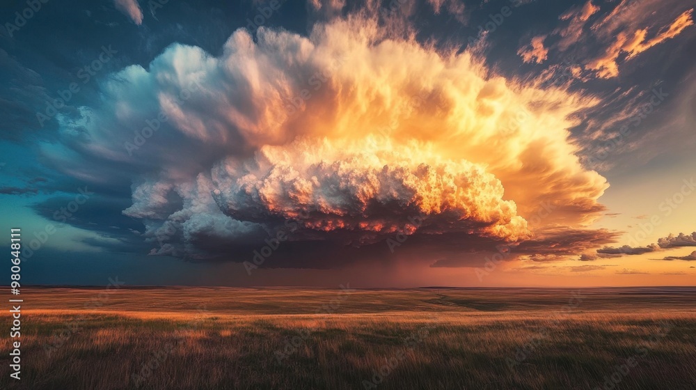 Obraz premium Thunderclouds forming a large storm system over a flat prairie, with dramatic lighting illuminating the clouds.