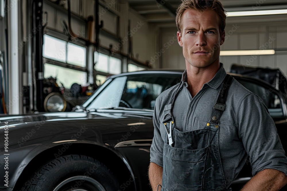 A confident mechanic poses in a workshop next to a classic car, showcasing skill and expertise in automotive care.