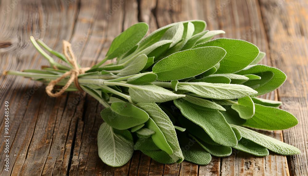 Bunch of fresh sage leaves on wooden table, closeup Bunch of fresh sage leaves on wooden table, closeup