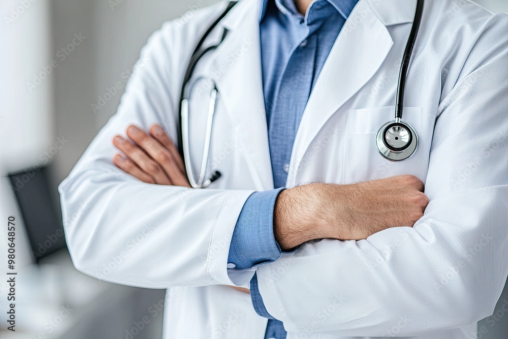 A confident doctor in a white coat poses with arms crossed, showcasing professionalism and expertise in a clinical environment. A confident doctor in a white coat poses with arms crossed, showcasing professionalism and expertise in a clinical environment.