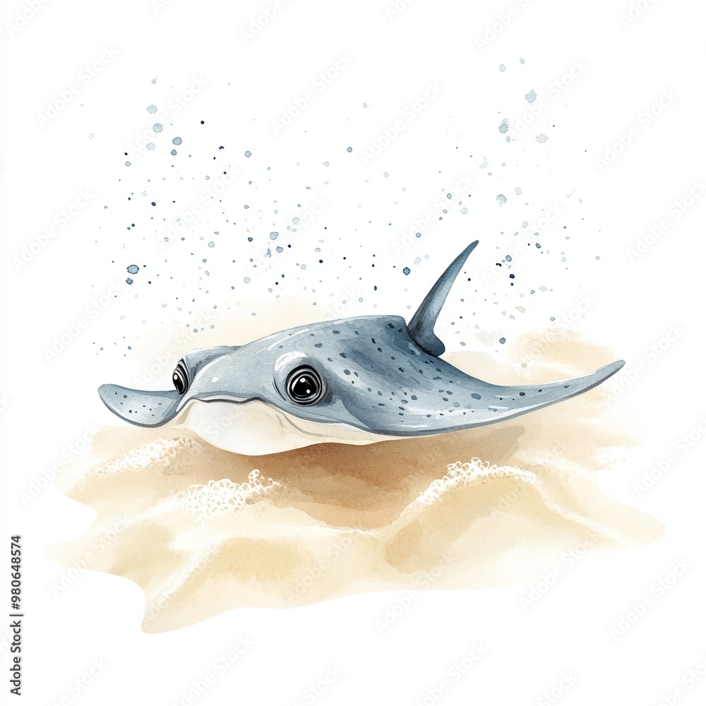 Fototapeta premium A baby stingray gracefully glides above soft sand, surrounded by gentle sea foam, creating a tranquil atmosphere through delicate watercolor brushstrokes