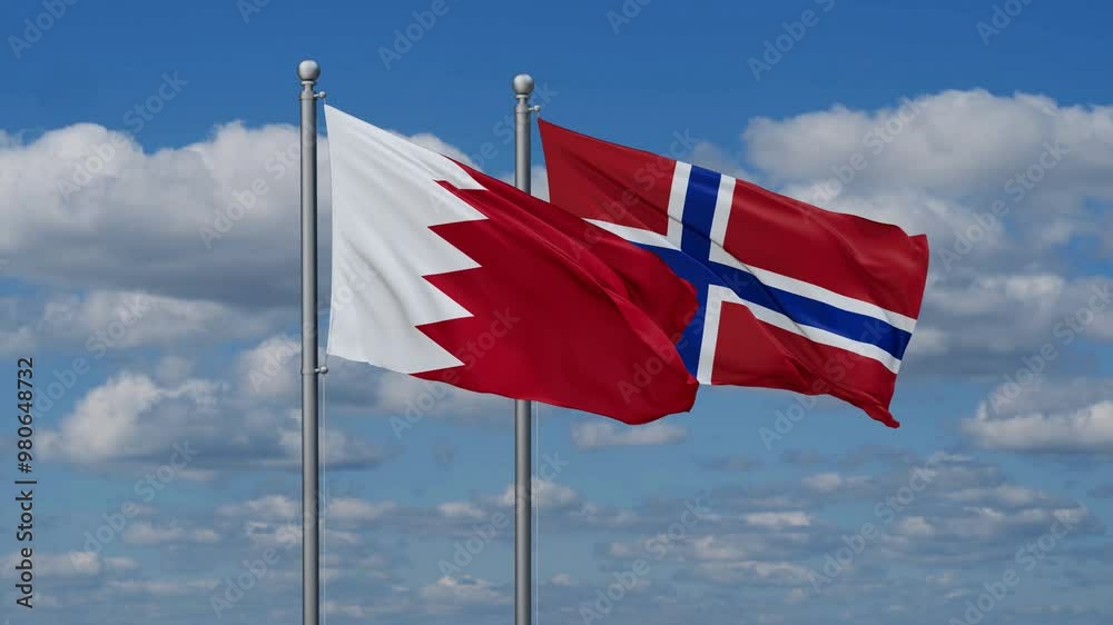 Norway and Bahrain flags flying together, video concept of the relationship, two country relations concept Norway and Bahrain flags flying together, video concept of the relationship, two country relations concept