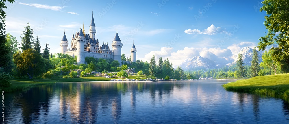 A majestic castle surrounded by lush greenery and a serene lake, reflecting a beautiful sky, perfect for fairy tale themes. A majestic castle surrounded by lush greenery and a serene lake, reflecting a beautiful sky, perfect for fairy tale themes.