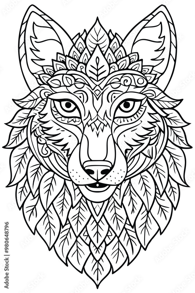 Fototapeta Portrait of a wolf. Hand drawn patterns for coloring. Freehand sketch drawing for adult antistress coloring book in zentangle style. Collection of animals