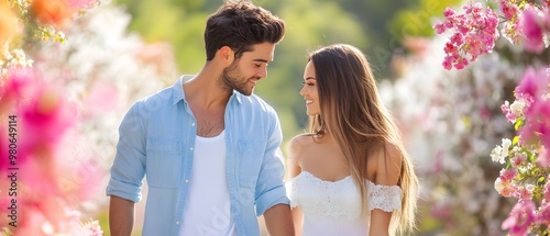 A joyful couple walking hand in hand through a colorful flower garden, surrounded by nature's beauty and blooming flora.