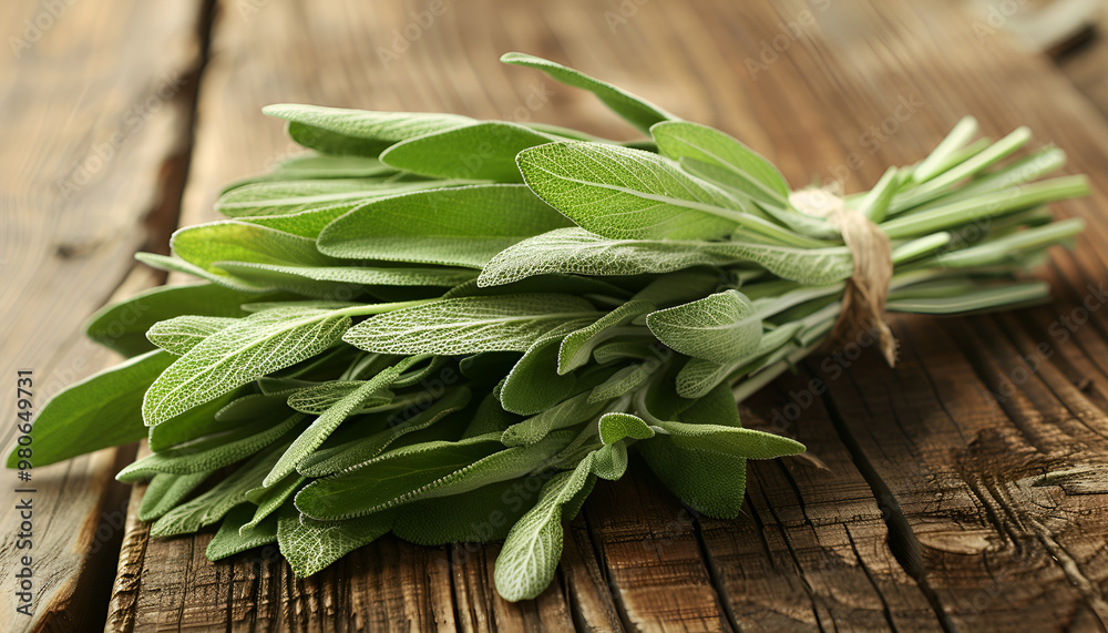 Bunch of fresh sage leaves on wooden table, closeup Bunch of fresh sage leaves on wooden table, closeup
