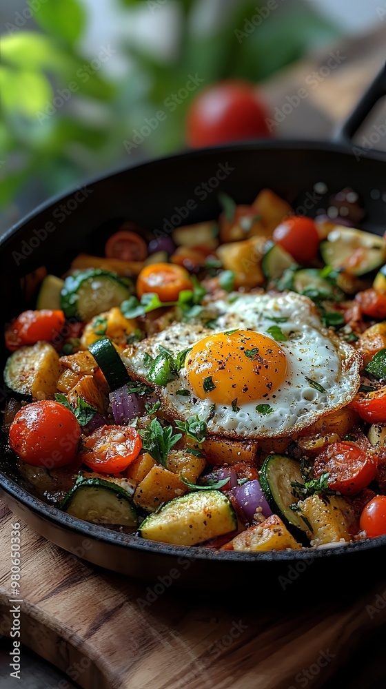 Vegetable pisto manchego with tomatoes zucchini peppers onions eggplant and egg Vegetable pisto manchego with tomatoes zucchini peppers onions eggplant and egg