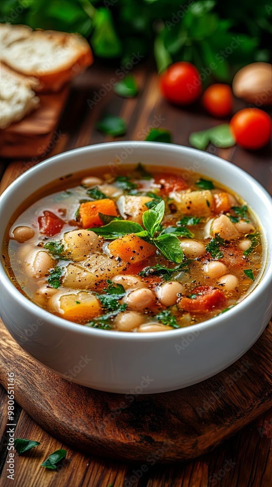White beans soup with vegetables in white bowl on wooden table