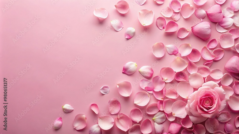 Soft pink background with delicate, pale pink rose petals scattered subtly in the upper right and lower left corners, creating a gentle and minimalist floral composition Soft pink background with delicate, pale pink rose petals scattered subtly in the upper right and lower left corners, creating a gentle and minimalist floral composition