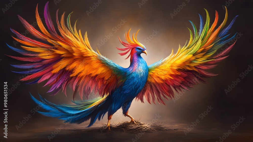 A vibrant, mythical bird displaying stunning, colorful feathers in a dramatic pose, symbolizing beauty and freedom. A vibrant, mythical bird displaying stunning, colorful feathers in a dramatic pose, symbolizing beauty and freedom.