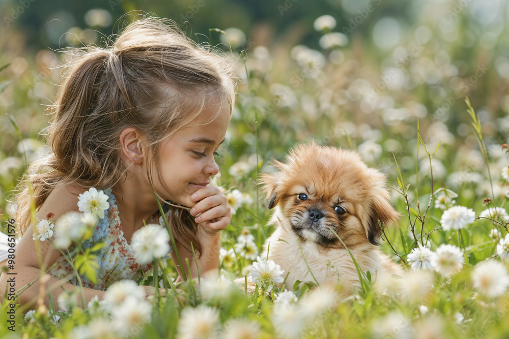 Joyful Little Girl Enjoying a Beautiful Day with Her Playful Dog in a Flower Field Joyful Little Girl Enjoying a Beautiful Day with Her Playful Dog in a Flower Field