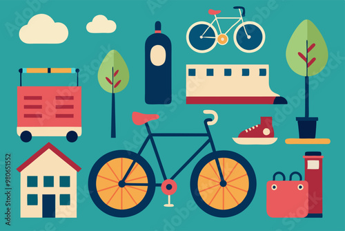 Urban transport and lifestyle elements collection: bicycles, cars, and public transit design elements