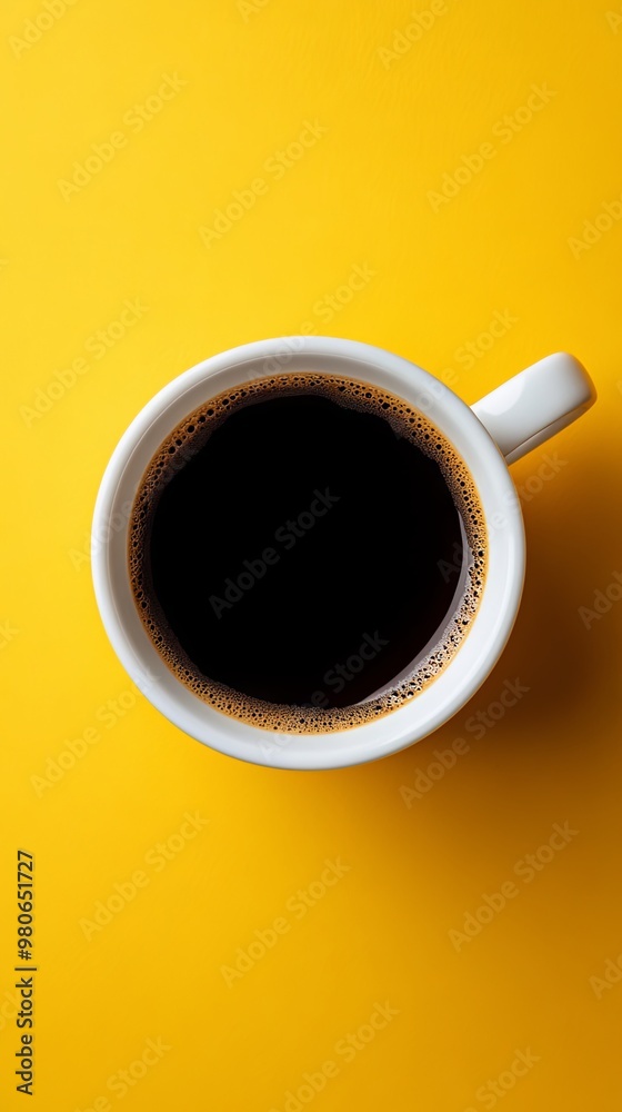 White cup with black coffee on yellow background White cup with black coffee on yellow background